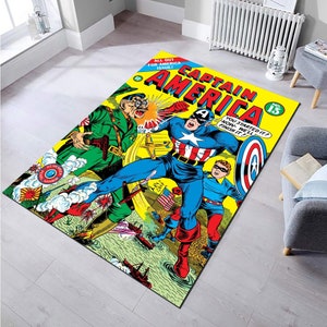 Tappeto con copertina a fumetti, decorazione di Capitan America, tappeto fantastico, tappeto per la cameretta dei bambini, tappeto retrò, tappeto lavabile, regalo per lui, tappeto per la cameretta dei ragazzi, tappeto per la camera da letto,
