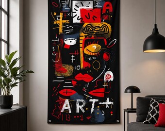 Abstract Face Wall Tapestry, Neo-Expressionist Art Hanging, Basquiat Style Wall Decor, Urban Graffiti Street Art, Modern Minimalist Portrait