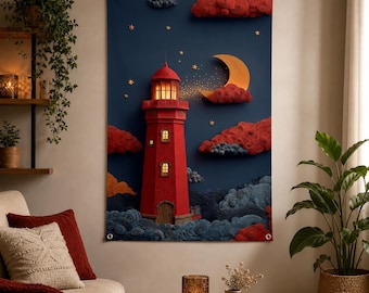 Red Lighthouse Wall Tapestry - Paper Cut Style Nautical Wall Hanging - 3D Look Ocean Scenery for Nursery & Bedroom Decor -Whimsical Moon Art