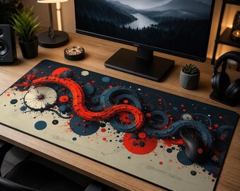 Abstract Industrial Art Mouse Pad, Cyberpunk Mechanical Desk Mat, Retro Futuristic Office Decor, Red and Navy Blue Grunge Large Mousepad