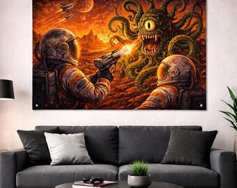Retro Sci-Fi Wall Tapestry, Vintage Astronaut Alien Battle Art, Pulp Science Fiction Decor, Space Monster Print, Geeky Gamer Room Poster