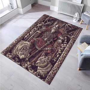 Wolf Rug, Nordic Mythology Rug – Viking Style Carpet with Wolves and Ravens, Norse Inspired Home Decor, Non Slip Rug