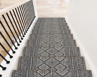 Gray Marble Pattern Stair Treads: Non-Slip Moroccan Step Rug