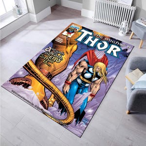 Thor Decor,Comics Cartoon Cover Rug,Thor Rug,Comics Rug,Kids Room Rug,Retro Rug,Boy Room Rug,Washable Rug,Gift for Him,Cool Rug,Non-Slip Rug