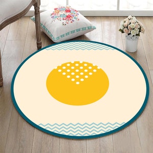 Modern Abstract Circle Round Rug,Yellow-Teal Geometric Floor Mat,Minimalist Living Room or Kids Room Decor,Non Slip Rug,Washable Rug