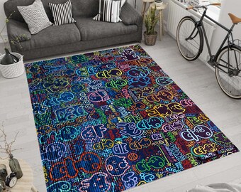 80's Graffiti Brick Wall Music Round Floor Mat Bedroom Rug Living Room Area Rugs 80's Graffiti Brick Wall Music Round Floor Mat Bedroom Rug Living Room Area Rugs