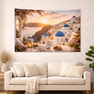 May include: A tapestry depicting a scenic view of Santorini, Greece, with white buildings, blue domes, and the Aegean Sea at sunset. The image includes flowers, a lantern, and a table with food and drinks.