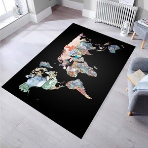 Tapis carte du monde noir, tapis carte du monde, tapis rétro, tapis de salon, carpette personnalisée, cadeau de crémaillère, tapis personnalisé, décoration carte du monde, 9