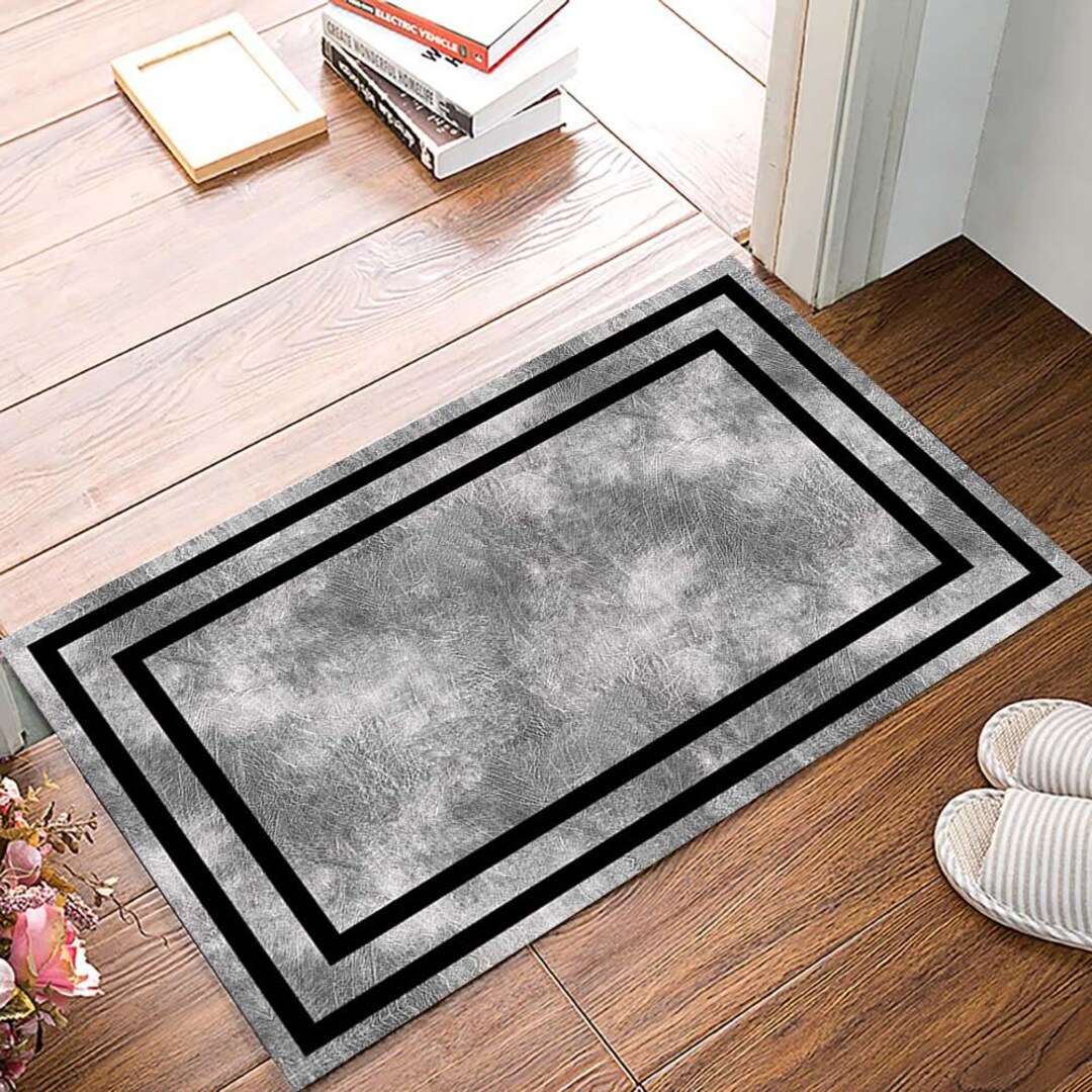 Modern Gray Door Mat With Black Border , Minimalist Indoor Entry Rug ...