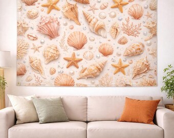 Sea Shell Tapestry Wall Hanging, Neutral Coastal Starfish Decor, Beach Pattern Wall Art, Nautical Cottagecore Print, Large Fabric Poster