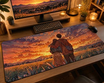 Anime Couple Sunset Mousepad, Aesthetic Lo-fi Desk Mat,Romantic Scenery Gaming Mouse Pad,Sunset Meadow Large Desk Pad,Cottagecore Decor Gift