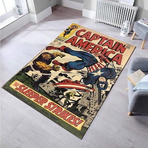 Decorazione Capitan America, tappeto con copertina a forma di fumetto, tappeto fantastico, tappeto per la cameretta dei bambini, tappeto retrò, tappeto per la cameretta dei ragazzi, tappeto lavabile, regalo per lui, tappeto per camera da letto,