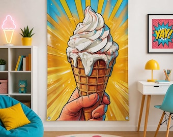Ice Cream Wall Tapestry, Retro Comic Style Wall Art, Summer Vibes Dorm Decor, Pop Art Food Illustration, Soft Serve Cone Wall Hanging