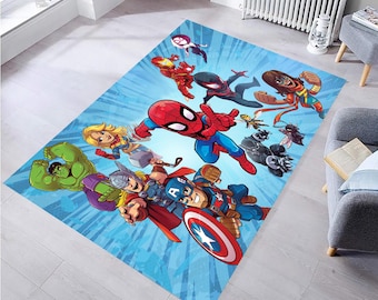 Superhero Kids Room Rug: Captain America, Spiderman, Hulk - Washable Microfiber