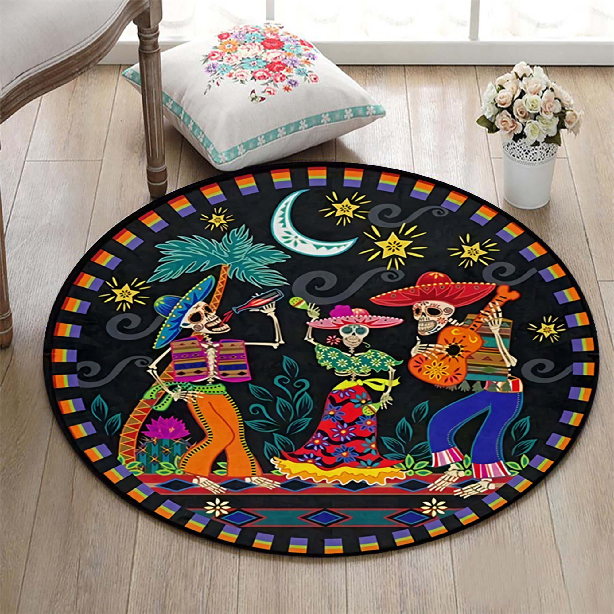 Day of Dead Round Rug,colorful Skeleton Fiesta Rug,mexican Folk
