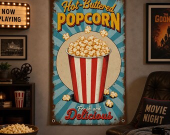 Vintage Popcorn Wall Tapestry, Retro Movie Theater Decor, Hot Buttered Popcorn Wall Hanging, Cinema Room Wall Art ,Nostalgic Kitchen Decor,