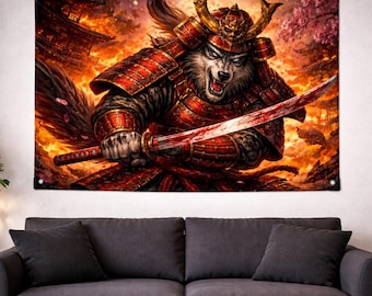 Epic Samurai Wolf Tapestry, Ornate Red Armor and Bloodied Katana Tapestry, Japanese Warrior Wall Art, Burning Temple Man Cave Decor