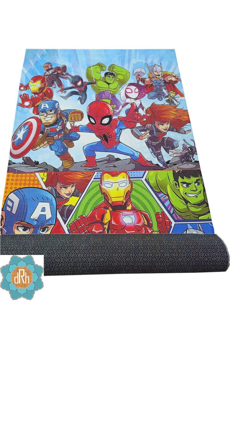 May include: A colorful rug featuring a group of superheroes, including Iron Man, Spider-Man, Captain America, Hulk, and Thor. The rug has a blue background with a comic book style design.