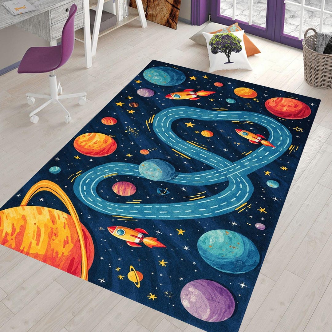 Planets & Galaxy Kids Rug: Modern Space Decor, Easy Clean - Etsy