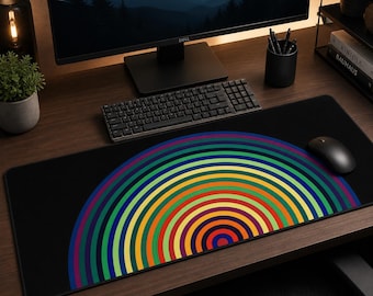 Retro Mousepad, Aesthetic Desk Mat, Colorful Geometric Rainbow Office Decor, Mid Century Modern Circular Design, Gaming Mouse Pad