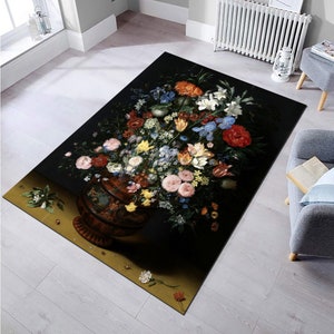 Colourful Rug,Floral Runner,Flowers Rug,Black Mat,Home Decor,Gift For Her,Washable Rug,Gift for Mum,Area Rug,Living Room Rug,Gift For Her,