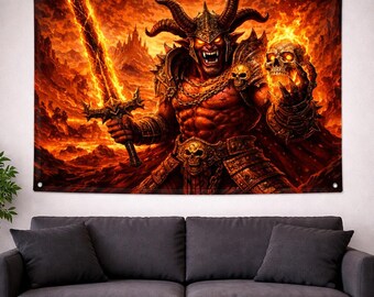 Epic Devil Lord Tapestry,Dark Fantasy Demon Warrior Hell Fire Wall Art,Blazing Greatsword and Burning Skull Decor,Gamer Room Man Cave Poster