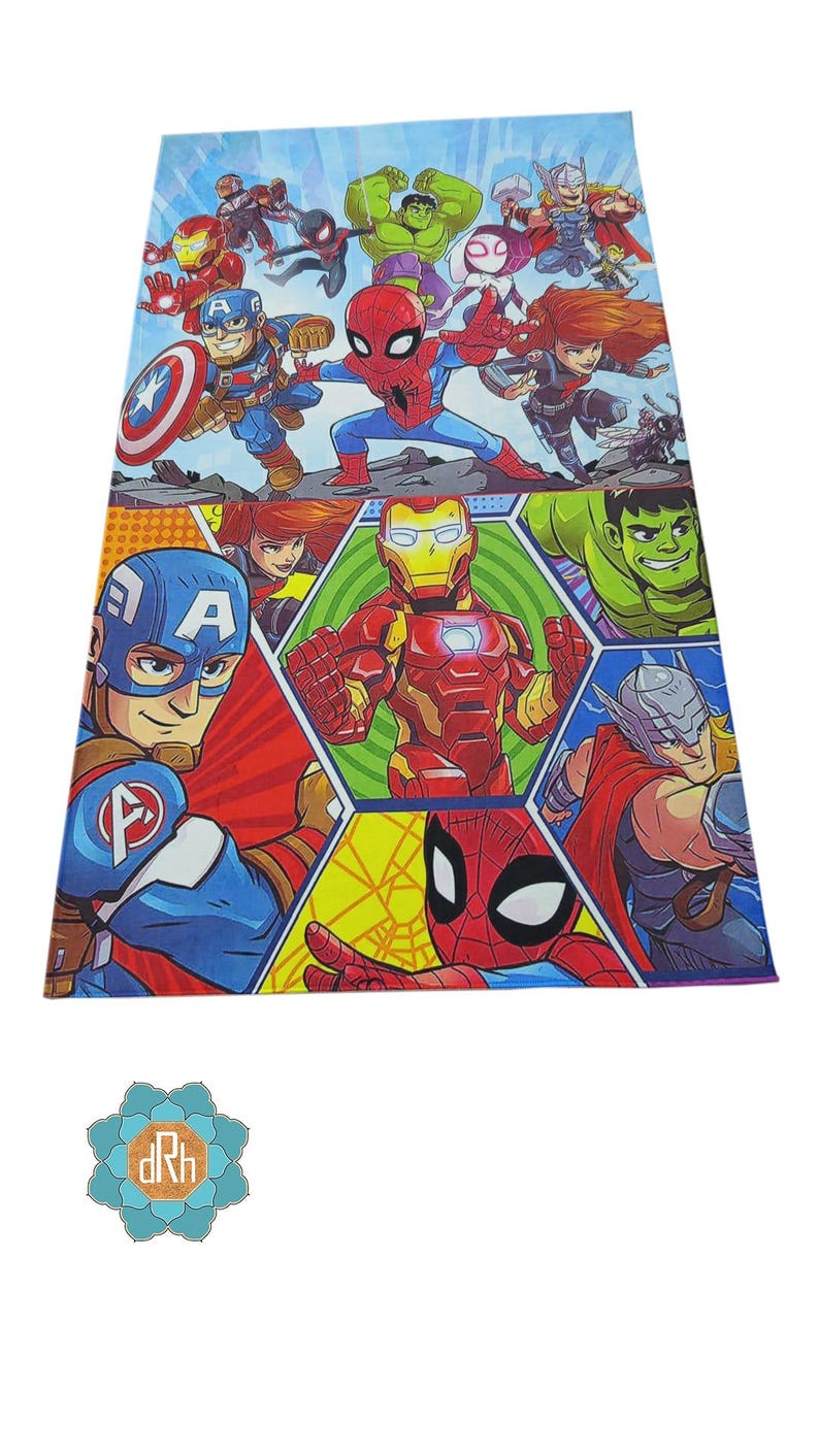 May include: A colorful rug featuring various Marvel superhero characters, including Captain America, Iron Man, Spider-Man, Hulk, and Thor. The rug has a blue background with a comic book style design.