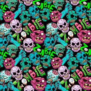 May include: A repeating pattern of colourful zombie heads, hands, and body parts on a black background. The design includes green, blue, pink, and purple zombie faces, brains, and eyeballs. The word "ZOMBIE" is written in green.