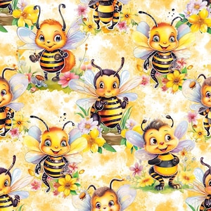 May include: A repeating pattern featuring cartoon bees with yellow and black striped bodies, wings, and smiling faces. The bees are set amongst colourful flowers on a yellow and white background. The overall theme is nature and springtime.