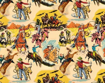 Vintage Western Cowboy Fabric Retro Rodeo Horse Cattle Print Cotton Fabric By The Half Yard