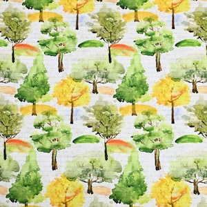 May include: Watercolor pattern featuring trees in shades of green and yellow, set against a white background with faint, handwritten text. The trees vary in shape and size, creating a whimsical forest scene. The design is suitable for fabric or wallpaper.