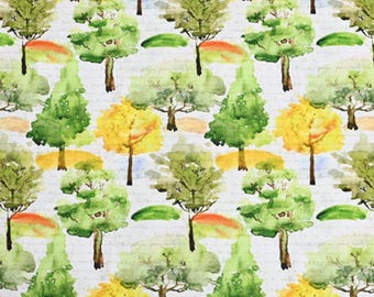 Aquarell Waldbäume Stoff, Baumwolle mit Botanischen Bäumen - Halber Hof