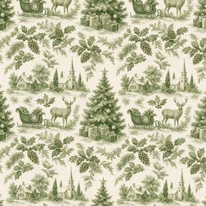 May include: A repeating pattern on a cream background featuring dark green illustrations of Christmas trees, deer, sleighs filled with gifts, churches, houses, and holly branches with pinecones. The design depicts a winter holiday scene.