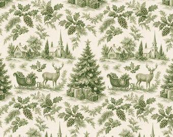 Könnte beinhalten: Ein sich wiederholendes Muster auf cremefarbenem Hintergrund mit dunkelgrünen Illustrationen von Weihnachtsbäumen, Hirschen, Schlitten voller Geschenke, Kirchen, Häusern und Stechpalmenzweigen mit Tannenzapfen. Das Design zeigt eine winterliche Szene.