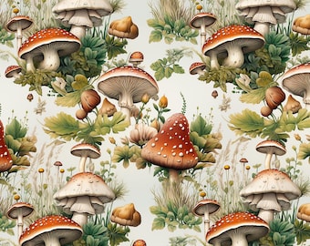 Amanita Mushroom Fabric Watercolor Forest Print Cotton Fabric By The Half Yard