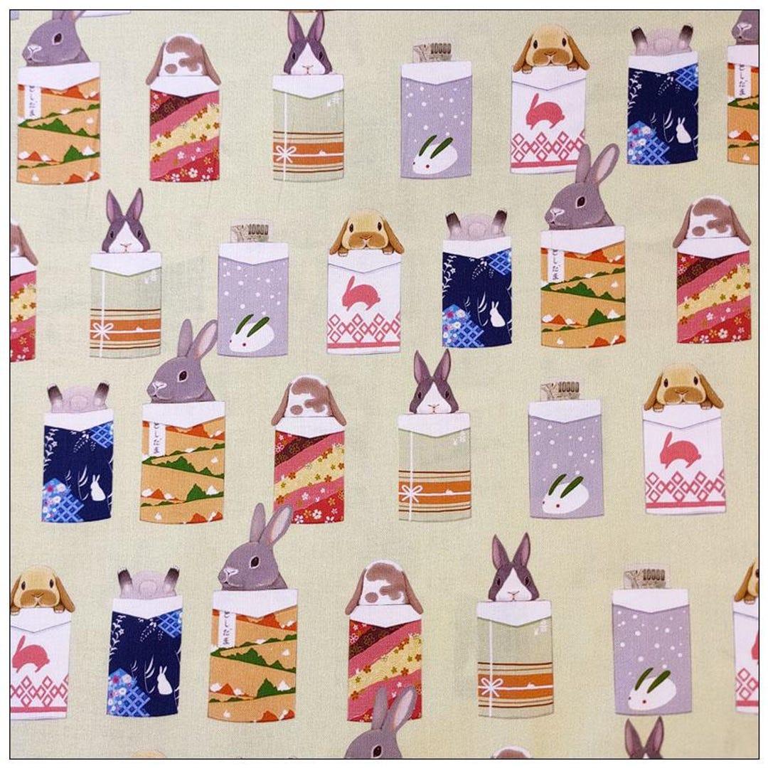 Kawaii Rabbit Fabric, Japanese Bunny Furoshiki Print Cotton - by the ...