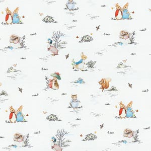 Può includere: Tessuto bianco con un motivo ripetuto di animali illustrati e scene naturali. Il design include conigli, anatre, ricci, scoiattoli e gatti in uno stile stravagante. Le illustrazioni sono in colori tenui con dettagli di contorno neri.