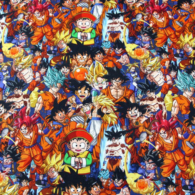 Pu&ograve; includere: Un tessuto colorato con un motivo ripetitivo di personaggi anime in varie pose. I personaggi indossano tutti abiti arancioni e blu e hanno i capelli neri. Lo sfondo &egrave; di colore blu scuro.