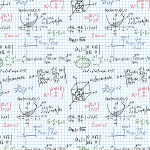 May include: A repeating pattern on a white grid background featuring various mathematical equations, calculus formulas, and geometric diagrams in black, red, and green ink. The design includes 3D cube sketches, integral signs, matrices, and coordinate plane graphs.
