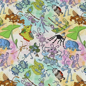 May include: A colorful fabric pattern featuring various cartoon insects, including ants, beetles, and caterpillars. The insects are in shades of blue, purple, green, and brown, set against a pastel rainbow background with large green leaves.