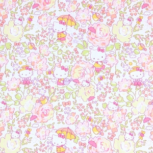May include: A floral pattern featuring Hello Kitty characters amongst pink, yellow, and peach-coloured flowers and green leaves. The design includes Hello Kitty figures with bows, umbrellas, and watering cans, set against a white background.