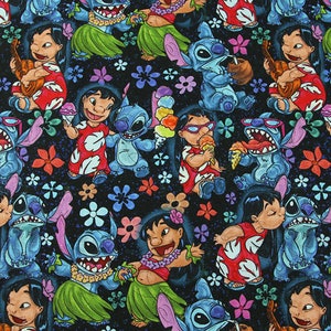 May include: A black background with a repeating pattern of blue, purple, and green Stitch characters from the Disney movie Lilo & Stitch. The characters are wearing floral leis and hula skirts. There are also flowers and other tropical elements in the pattern.
