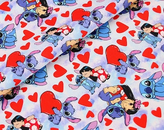 May include: A blue and purple fabric with a repeating pattern of Stitch and Angel from the Disney movie Lilo & Stitch. The pattern includes hearts and a light blue background.