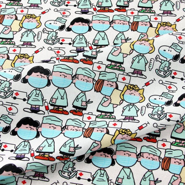 Snoopy with Mask Fabric Charlie Brown Snoopy Cartoon Anime Cotton Fabric By The Half Meter