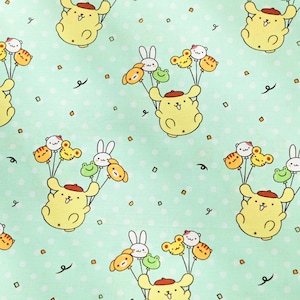 May include: A repeating pattern on a pale green background. It features yellow cartoon characters holding balloons with animal faces. The balloons include a white bunny, a green frog, and orange and yellow animals. Small white polka dots and black shapes are scattered.