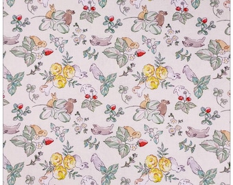 Vintage Rabbit Flower Fabric, Watercolor Country Rabbit Print Cotton - By The Half Yard