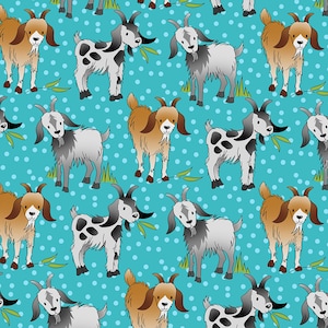 May include: A repeating pattern featuring cartoon goats in shades of brown, grey, and black with white spots. The goats are set against a teal background with white polka dots and green grass.