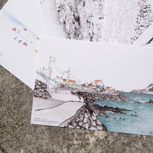 Ilha de Jeju, Coreia do Sul / Conjunto de 5 cartões postais com desenho ao vivo