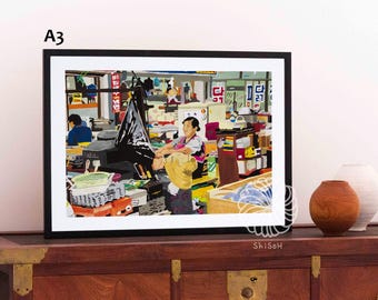 Covered market Seller watching Tv / South Korea Painting / Art print A3, A4, A5