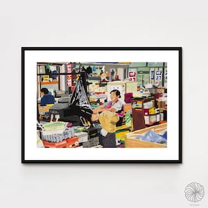 Überdachter Markt Verkäufer sieht Tv / Südkorea Malerei / Kunstdruck A3, A4, A5